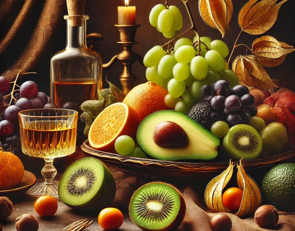 Imagen elegante de frutas exóticas como aguacate, kiwi, tamarindo, uva roja y physalis, dispuestas para resaltar sus beneficios para la tercera edad.