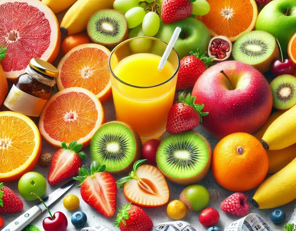 Imagen que muestra una variedad de frutas frescas como naranjas, fresas, kiwis, plátanos y uvas, representando los beneficios para la salud y el bienestar de consumir frutas diariamente.