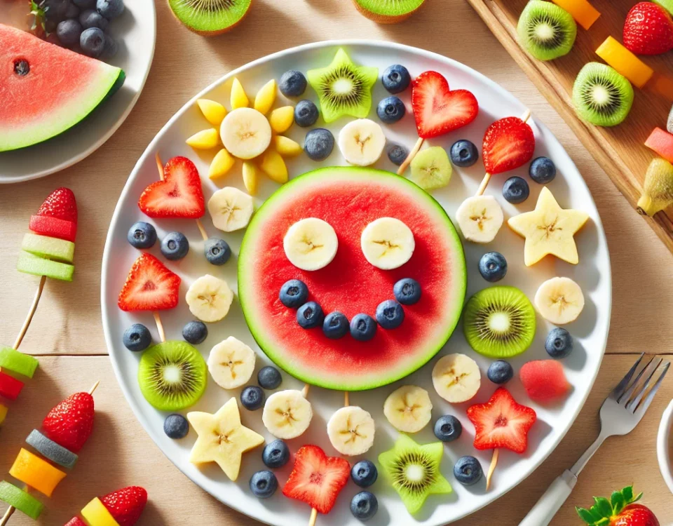 Frutas coloridas cortadas en formas divertidas como estrellas y corazones, dispuestas en un plato con una carita sonriente para niños.